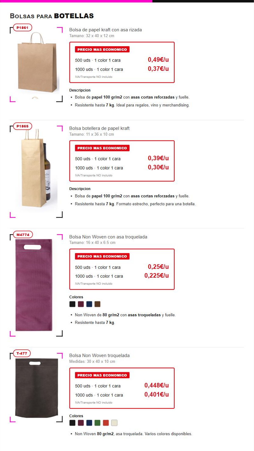 Oferta bolsas para botellas — referencias P1861, P1865, M4774, T-477